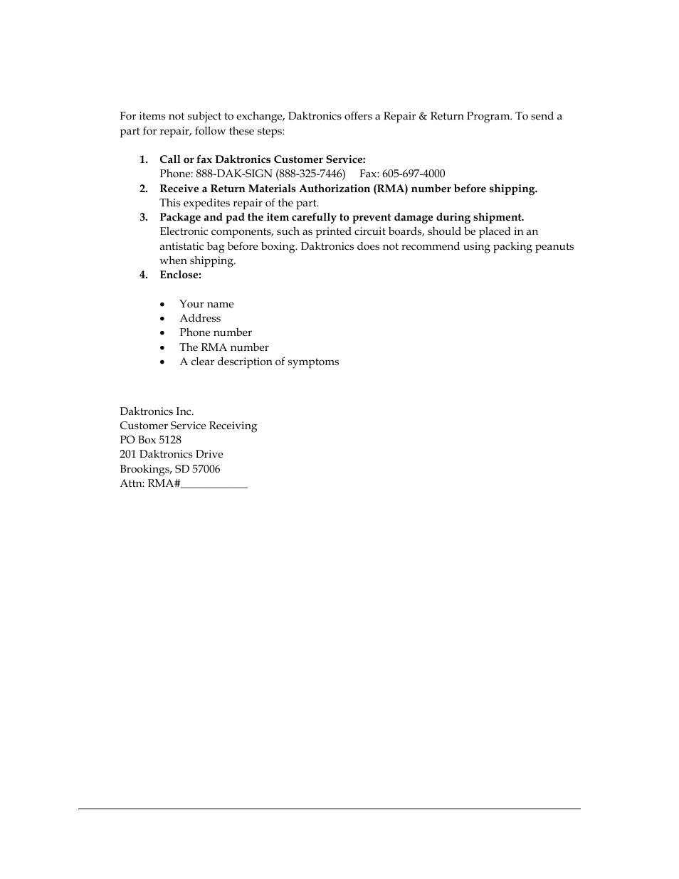 2 repair & return program, Shipping address, Repair & return program | Daktronics Fuelight FL-2109 Series Petroleum Price Displays User Manual | Page 36 / 41