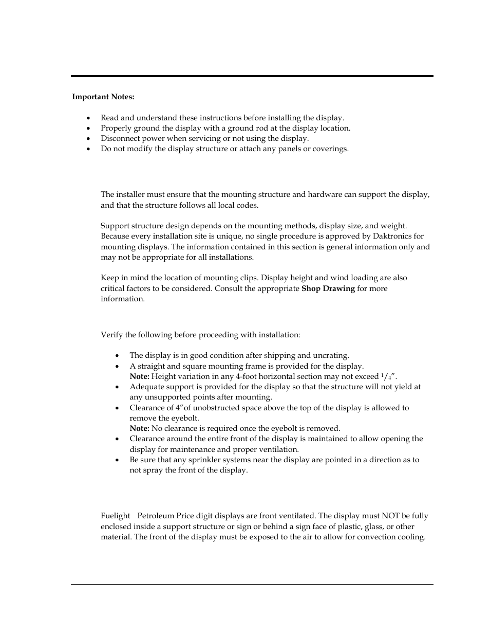 Section 2: mechanical installation, 1 support structure requirements, Pre-installation checklist | 2 ventilation and temperature requirements, Section 2, Mechanical installation, Support structure requirements, Ventilation and temperature requirements | Daktronics Fuelight FL-2109 Series Petroleum Price Displays User Manual | Page 9 / 41