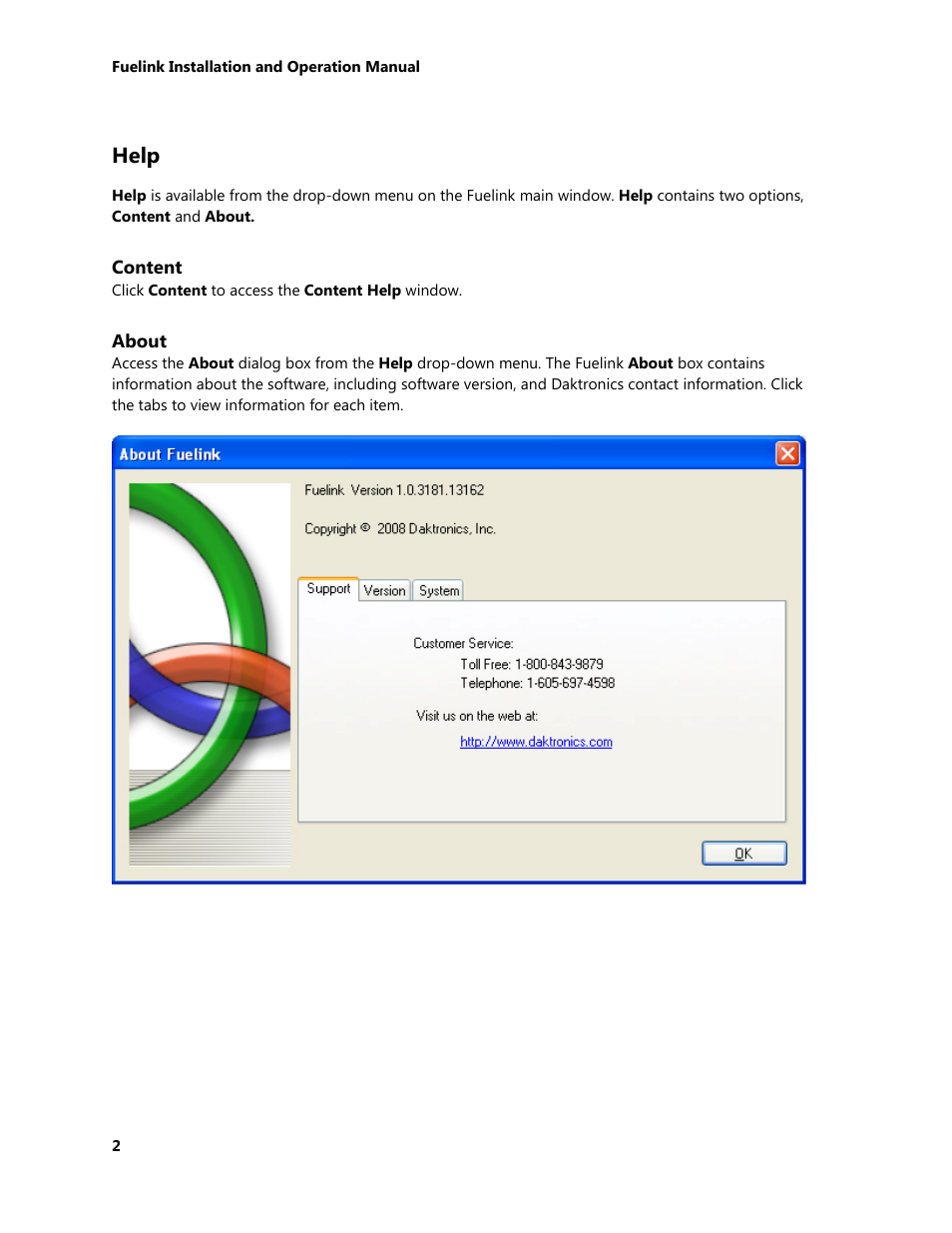 Help, Content, About | Content about | Daktronics Fuelink User Manual | Page 8 / 45