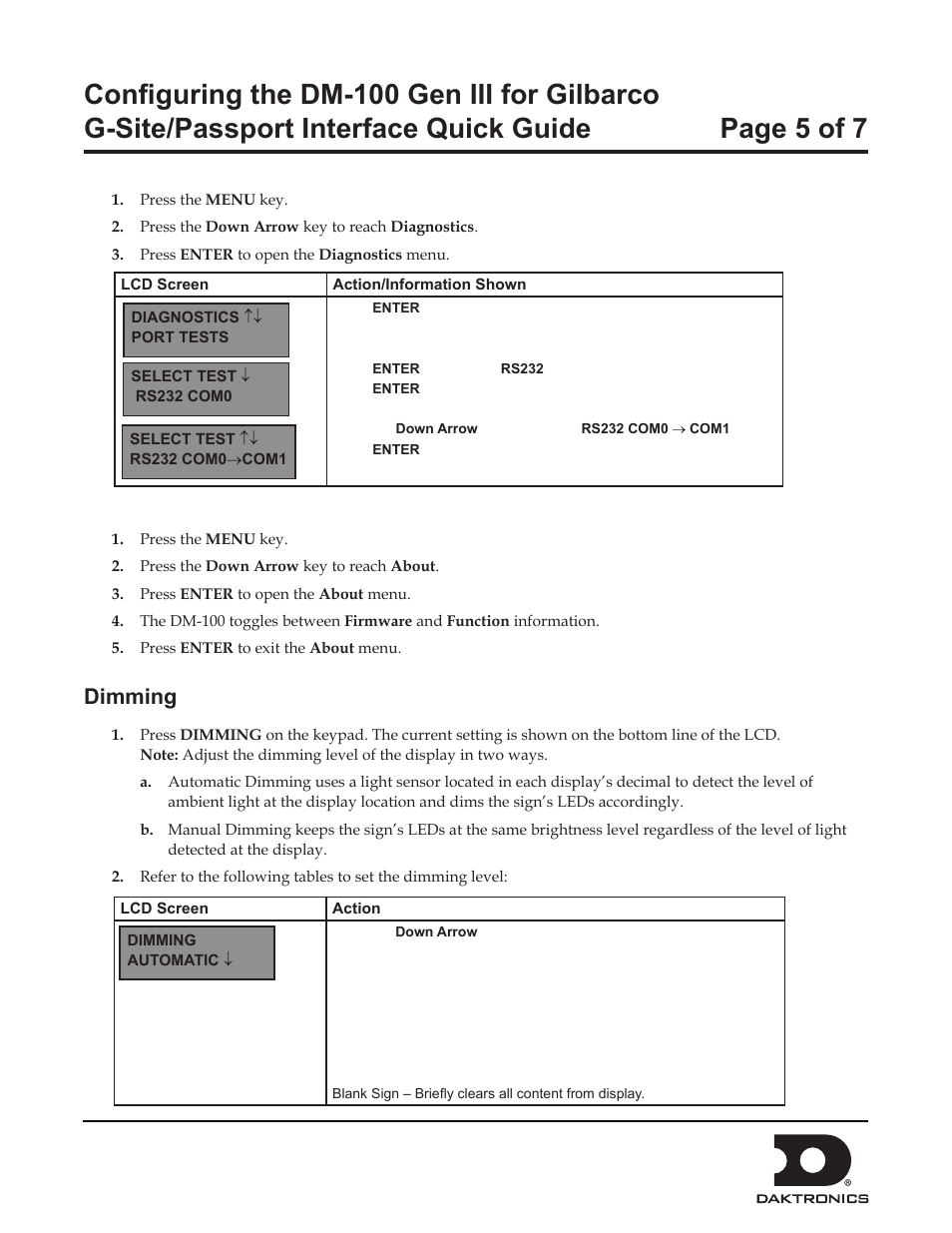 Dimming | Daktronics Configuring the DM-100 Gen III for Gilbarco G-Site/Passport Interface User Manual | Page 5 / 7