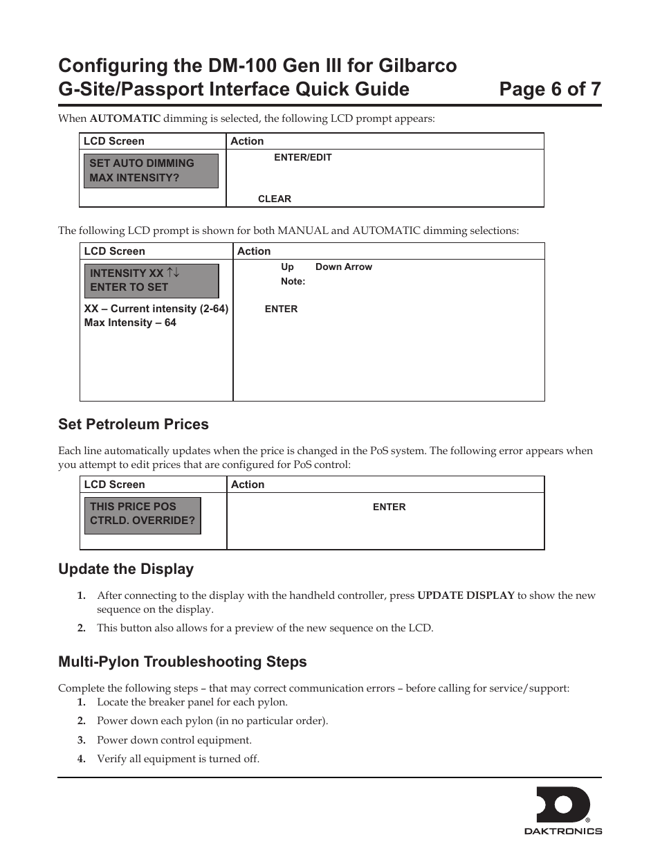Set petroleum prices, Update the display, Multi-pylon troubleshooting steps | Daktronics Configuring the DM-100 Gen III for Gilbarco G-Site/Passport Interface User Manual | Page 6 / 7
