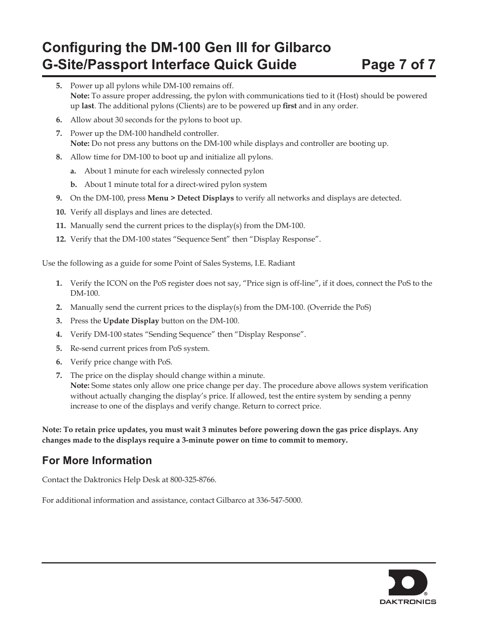 For more information | Daktronics Configuring the DM-100 Gen III for Gilbarco G-Site/Passport Interface User Manual | Page 7 / 7