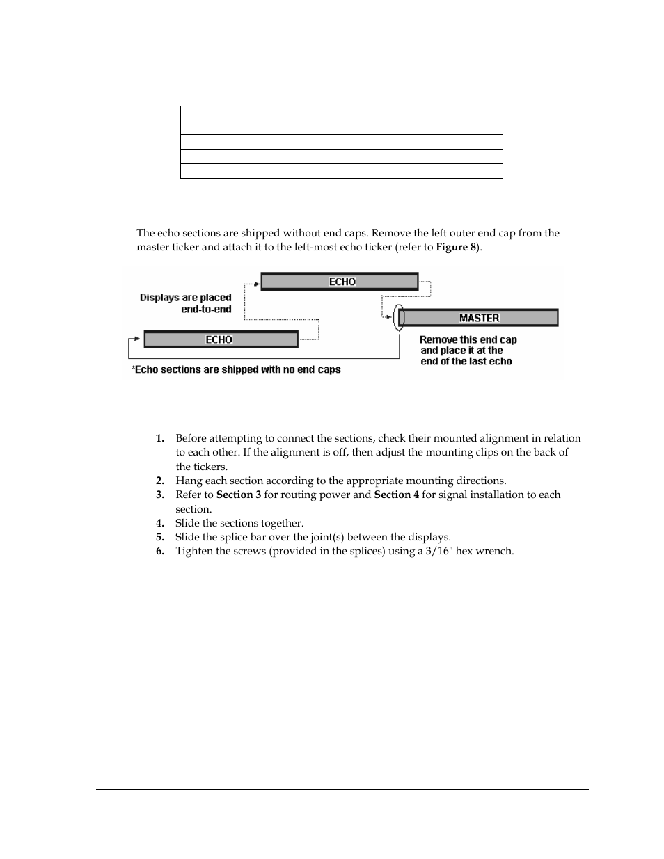 Mounting multi-section tickers, Figure 8: master-echo installation detail | Daktronics KE-1010-7.6-RG User Manual | Page 11 / 61