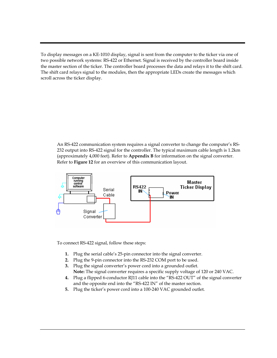 Signal installation, Network options, Rs-422 connections | Section 4, Figure 12: rs-422 signal layout, 1 network options | Daktronics KE-1010-7.6-RG User Manual | Page 15 / 61