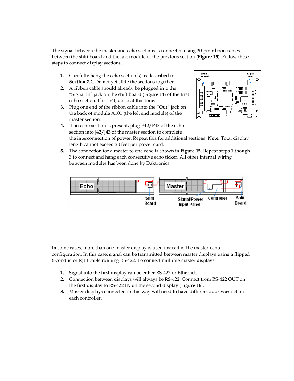 Section to section connections, Master to master connections, Figure 14: shift board | Figure 15: master to echo connection, 3 master to master connections | Daktronics KE-1010-7.6-RG User Manual | Page 18 / 61