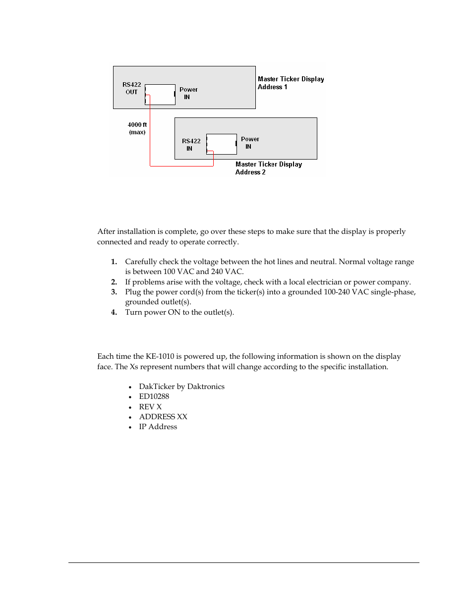 Installation checklist, Boot up sequence, Figure 16: master to master rs-422 connection | Figure 16 ), 4 installation checklist, 5 boot up sequence | Daktronics KE-1010-7.6-RG User Manual | Page 19 / 61