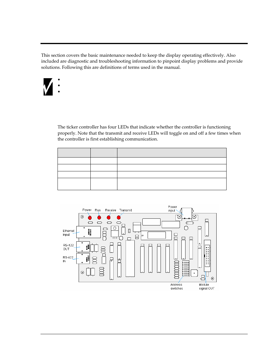 Maintenance and troubleshooting, Display maintenance, Controller diagnostic leds | Section 5, Maintenance & troubleshooting, Figure 17: controller with diagnostic leds, 1 display maintenance | Daktronics KE-1010-7.6-RG User Manual | Page 21 / 61