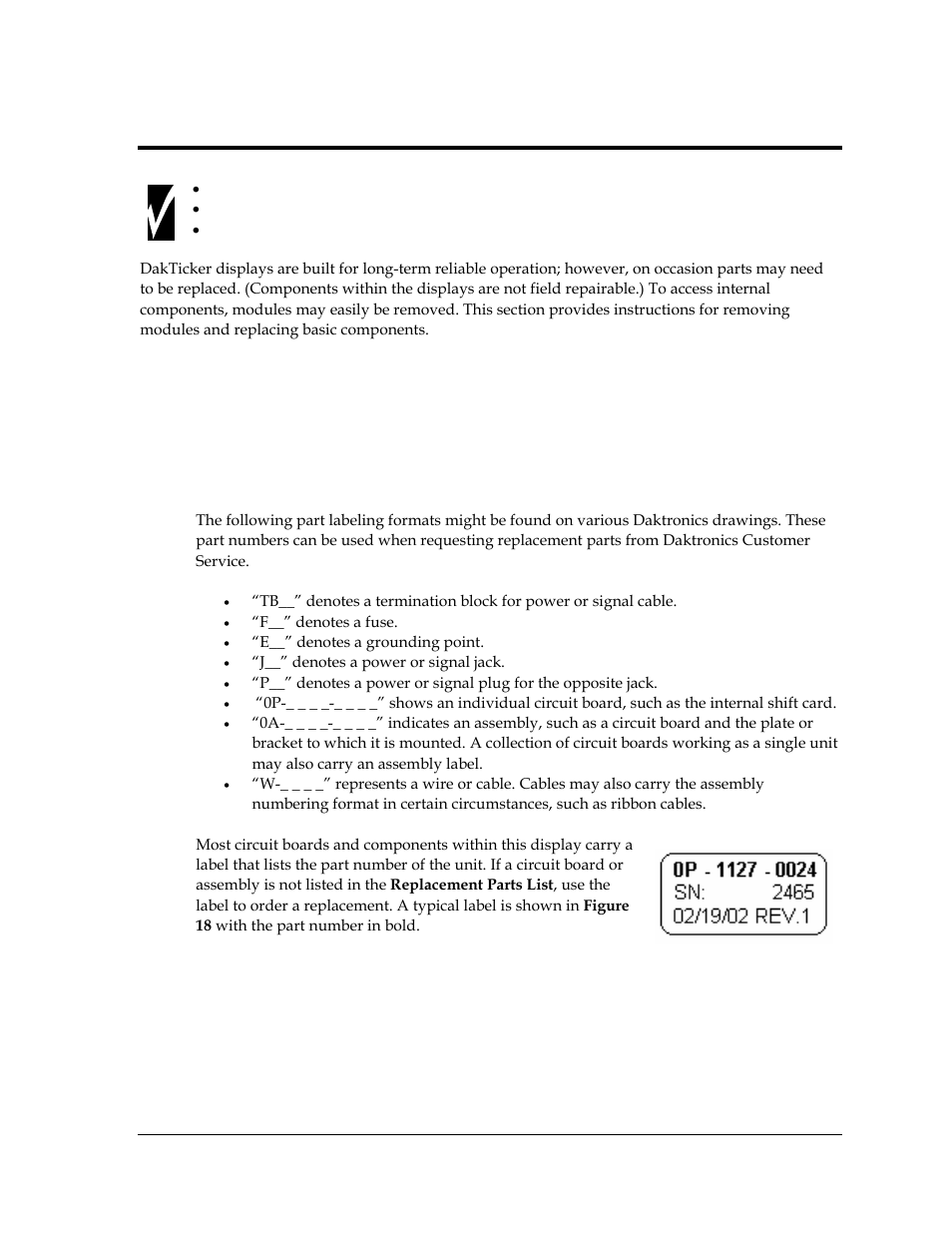 Parts replacement, Replacement parts list, Section 6 | Figure 18: typical label, 1 replacement parts list | Daktronics KE-1010-7.6-RG User Manual | Page 25 / 61