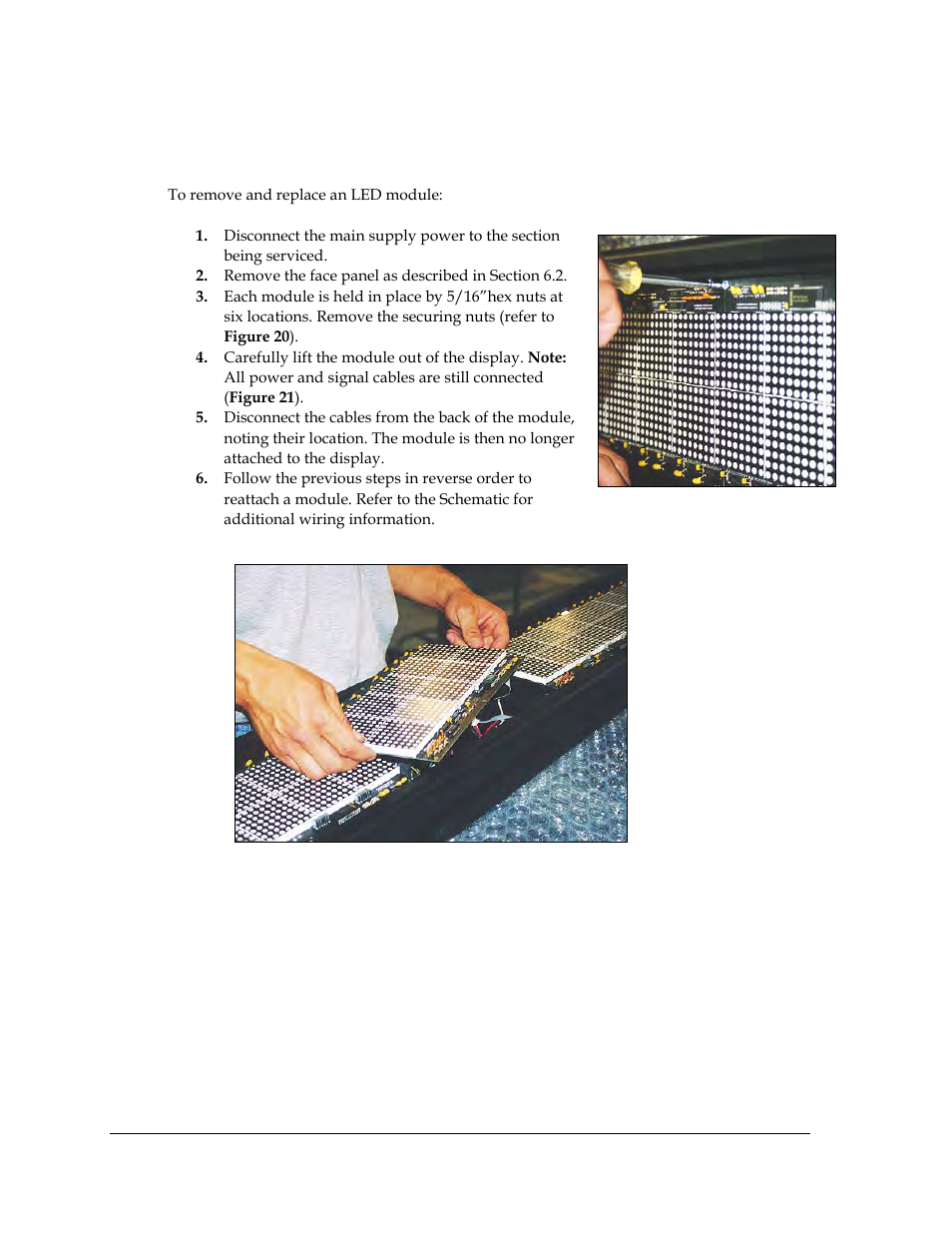 Instructions for replacing parts, Led module replacement, Figure 20: detaching a module | Figure 21: removing a module, 3 instructions for replacing parts | Daktronics KE-1010-7.6-RG User Manual | Page 28 / 61