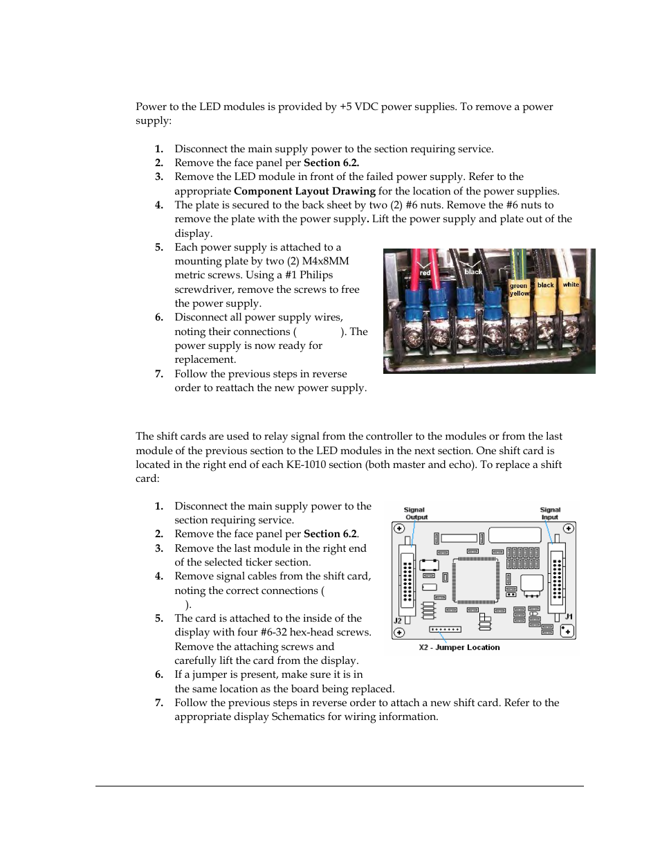 Power supply replacement, Shift card replacement, Figure 22: power supply wiring | Figure 23: shift board | Daktronics KE-1010-7.6-RG User Manual | Page 29 / 61