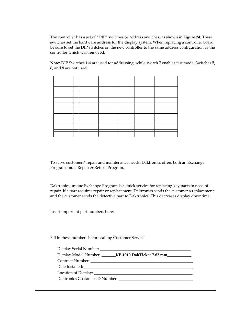 Controller address, Daktronics exchange and repair & return program, Exchange program | 4 daktronics exchange and repair & return program | Daktronics KE-1010-7.6-RG User Manual | Page 31 / 61