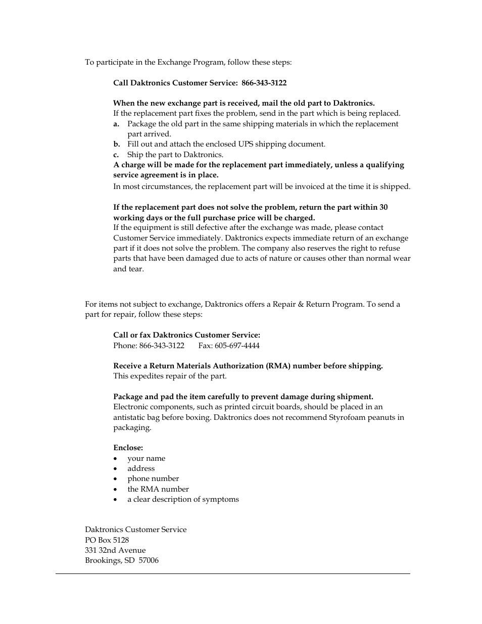 Repair & return program | Daktronics KE-1010-7.6-RG User Manual | Page 32 / 61