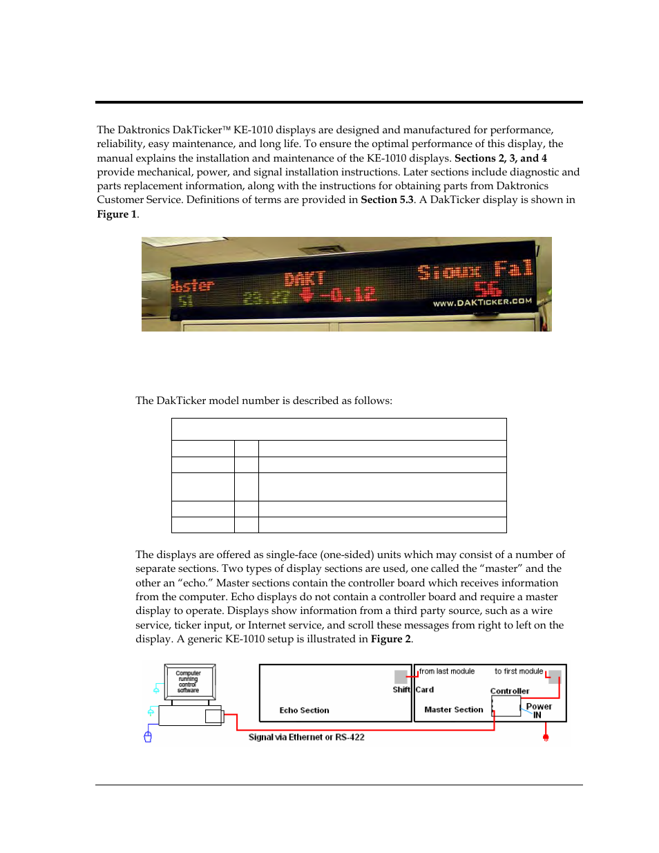 Introduction, Display overview, Section 1 | Figure 1: ke-1010 display, Figure 2: basic display setup, 1 display overview | Daktronics KE-1010-7.6-RG User Manual | Page 7 / 61