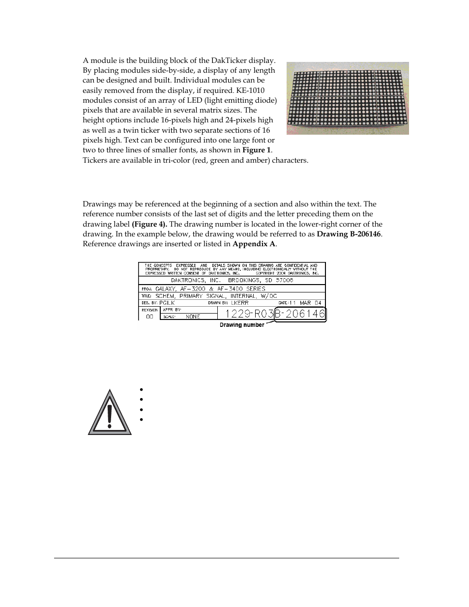 Drawing references, Safety precautions, Figure 3: front of 16 x 40 module | Figure 4: drawing label, 2 drawing references, 3 safety precautions | Daktronics KE-1010-7.6-RG User Manual | Page 8 / 61