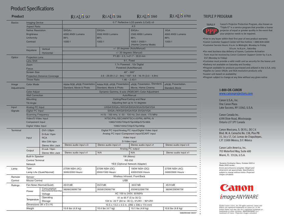 Product specifications, Triple p program, Product | Canon LCOS Projectors User Manual | Page 12 / 12