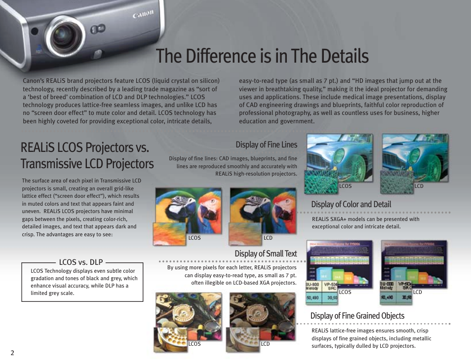 The difference is in the details, Display of fine lines, Display of color and detail | Display of small text, Display of fine grained objects | Canon LCOS Projectors User Manual | Page 2 / 12