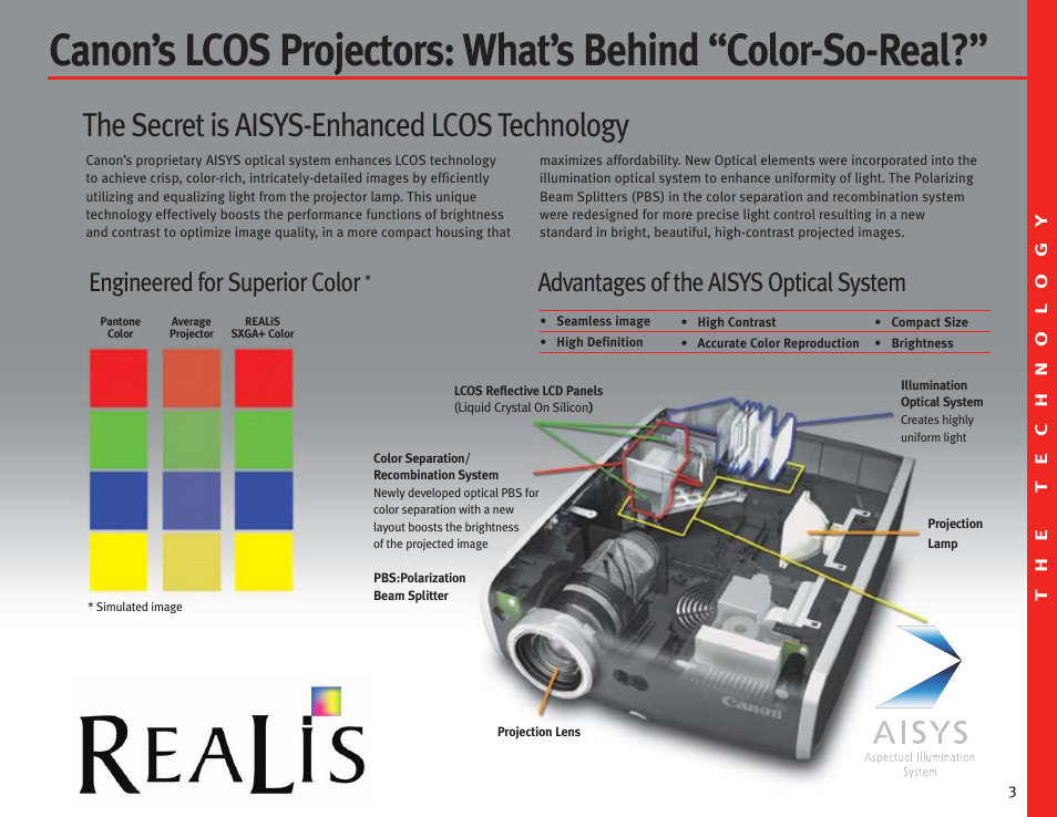 The secret is aisys-enhanced lcos technology, Advantages of the aisys optical system, Engineered for superior color | Canon LCOS Projectors User Manual | Page 3 / 12