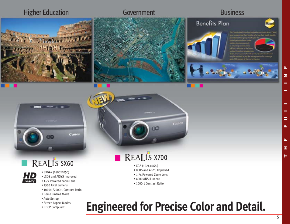 Engineered for precise color and detail, Higher education business government | Canon LCOS Projectors User Manual | Page 5 / 12