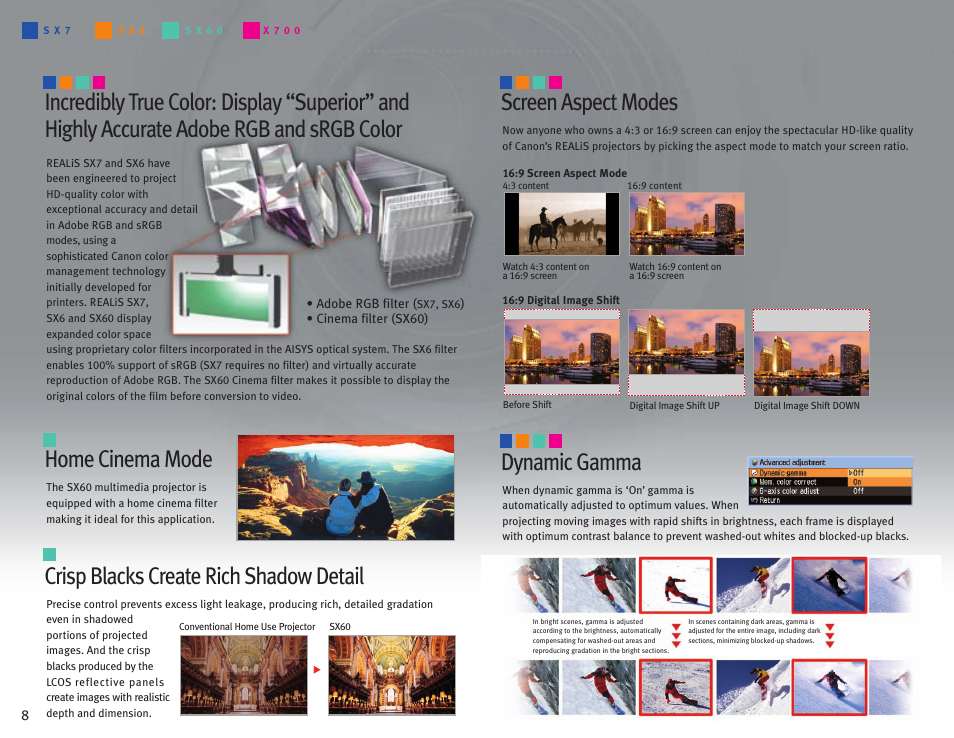 Home cinema mode, Screen aspect modes, Crisp blacks create rich shadow detail | Dynamic gamma | Canon LCOS Projectors User Manual | Page 8 / 12