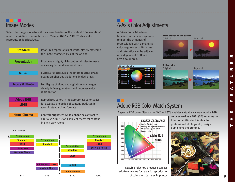 Image modes, Axis color adjustments, Adobe rgb color match system | Canon LCOS Projectors User Manual | Page 9 / 12