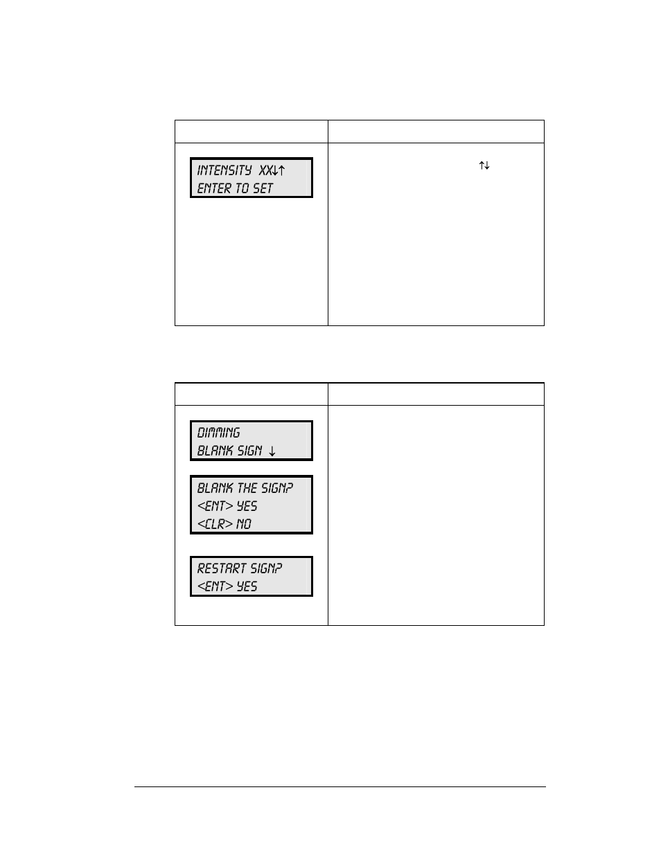 Display sequence, Display sequence -5, Intensity xx | Enter to set, Dimming blank sign, Blank the sign? <ent> yes <clr> no, Restart sign? <ent> yes | Daktronics DF-1060 User Manual | Page 43 / 71