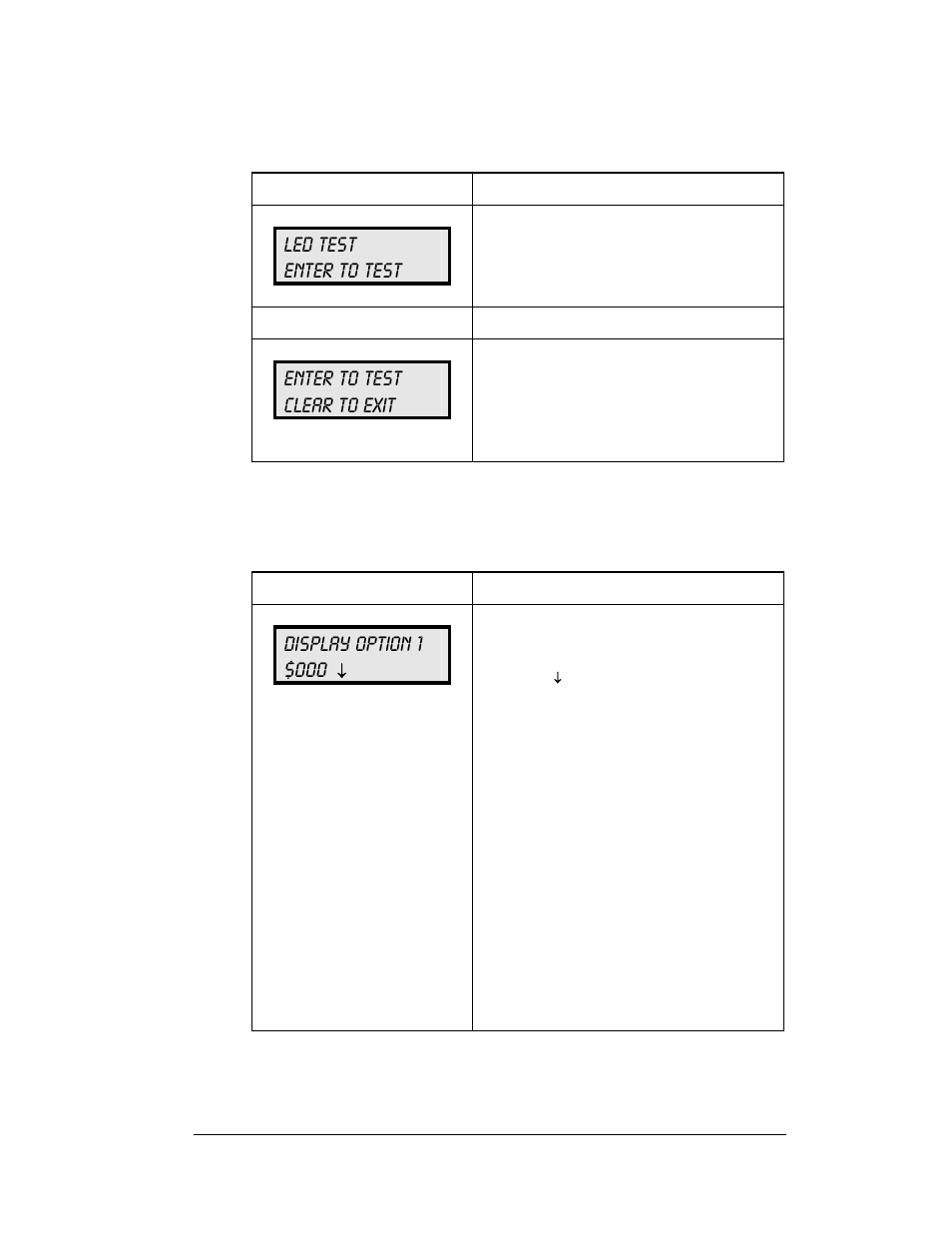 Led test, Display option, Led test enter to test | Enter to test clear to exit, Display option 1 $000 | Daktronics DF-1060 User Manual | Page 45 / 71