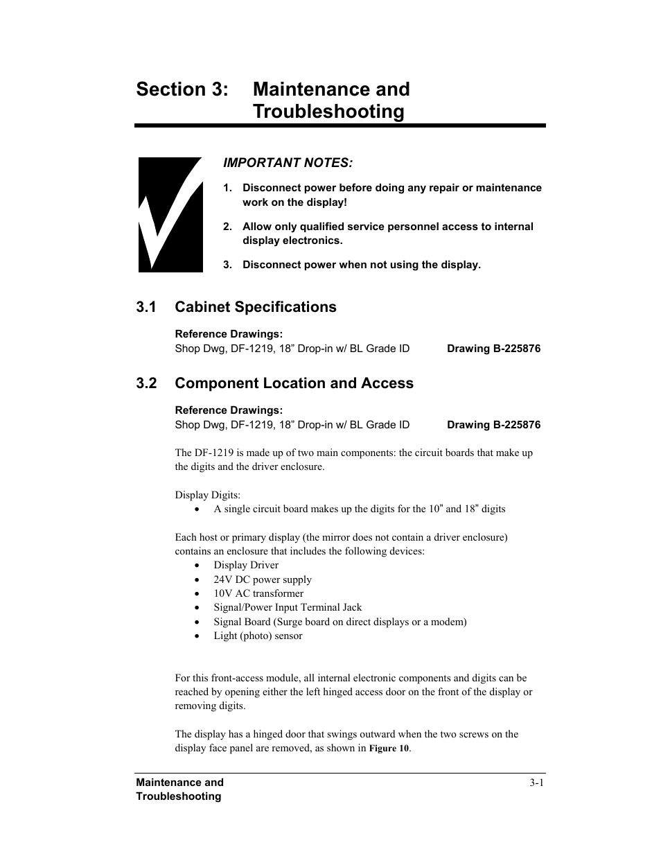 Section 3: maintenance and troubleshooting, 1 cabinet specifications, 2 component location and access | Daktronics DF-12xx User Manual | Page 23 / 68