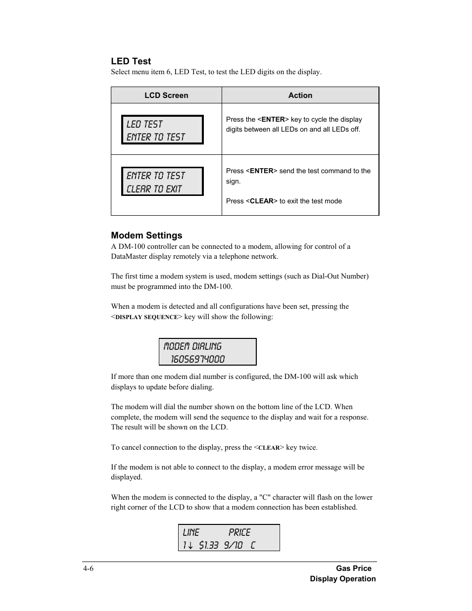 Led test enter to test, Enter to test clear to exit, Modem dialing | Daktronics DF-12xx User Manual | Page 40 / 68