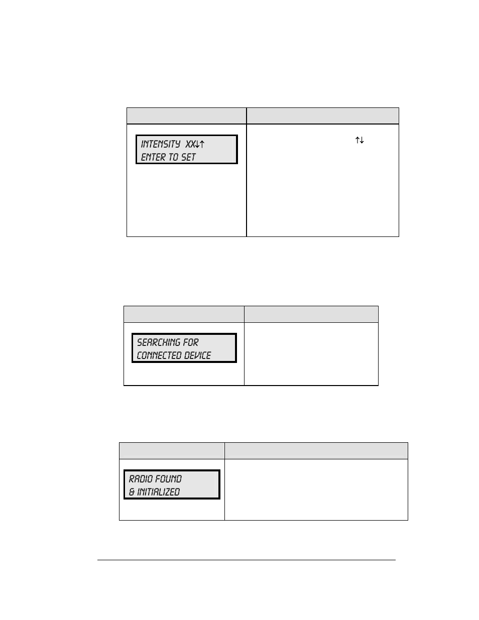 Intensity xx, Enter to set, Searching for connected device | Radio found & initialized | Daktronics DF-12xx User Manual | Page 57 / 101