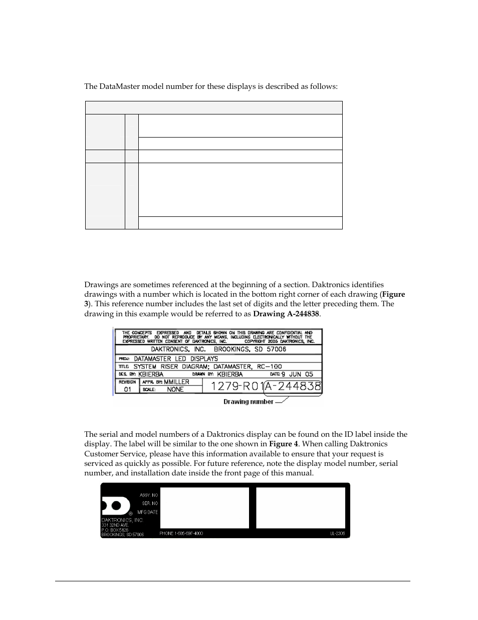 Model number, Drawing and label information, Figure 4: daktronics drawing label | Figure 5: display identification label, 2 drawing and label information | Daktronics DF-2100 User Manual | Page 10 / 74