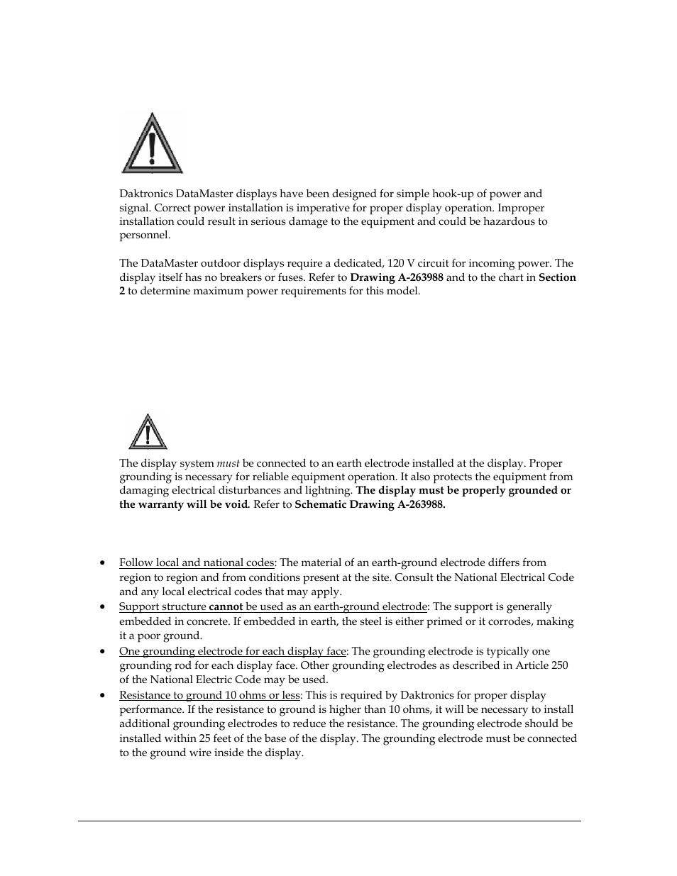 Power installation, Grounding, 1 power installation | Daktronics DF-2100 User Manual | Page 16 / 74