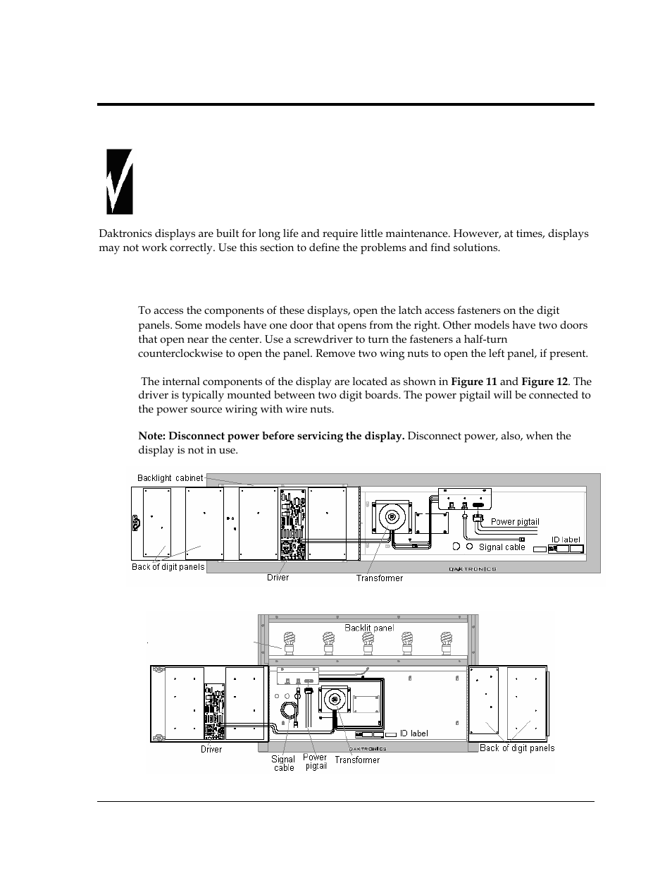 Diagnostics and troubleshooting, Component location and access, Section 4 | 1 component location and access | Daktronics DF-2100 User Manual | Page 21 / 74