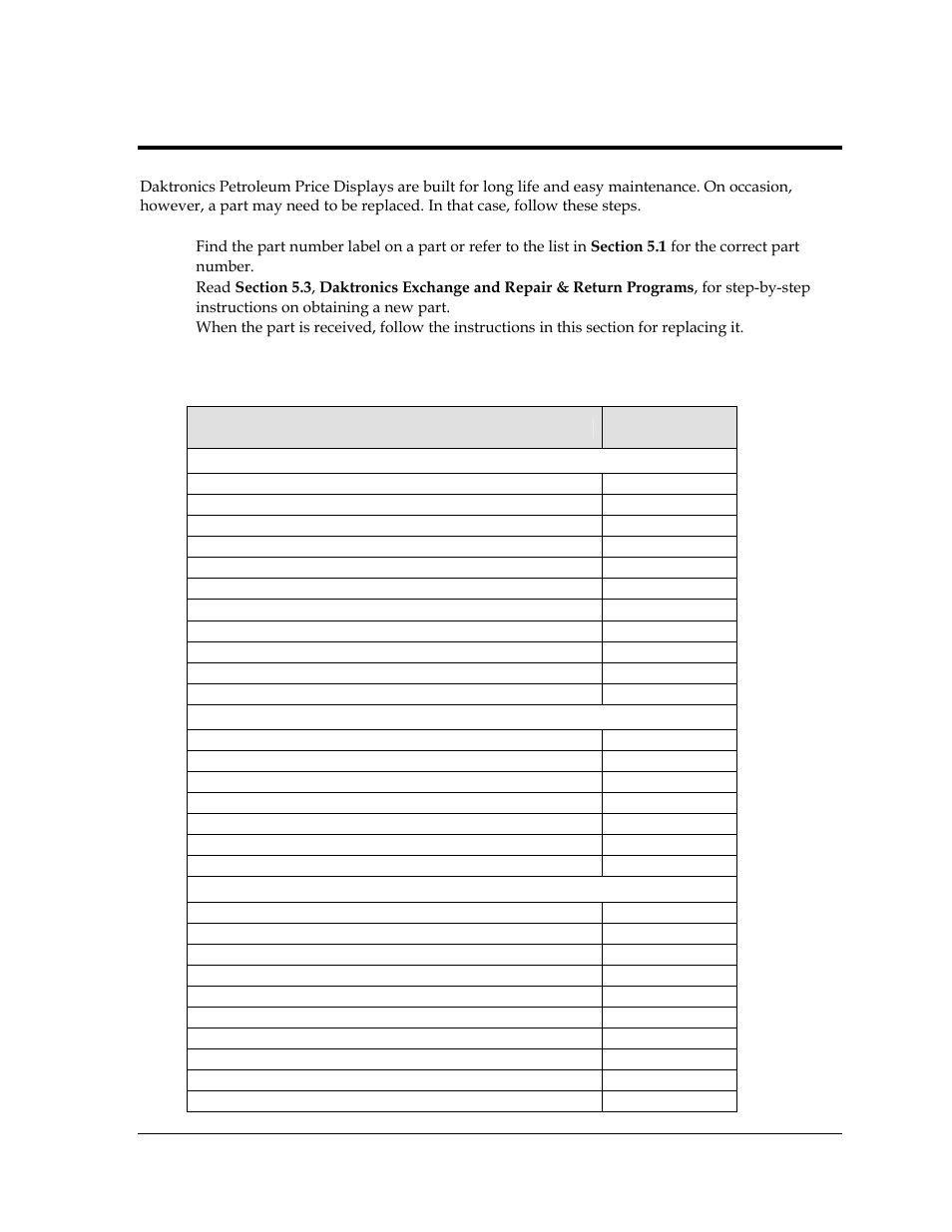 Parts replacement, Replacement parts list, Section 5 | 1 replacement parts list | Daktronics DF-2100 User Manual | Page 25 / 74