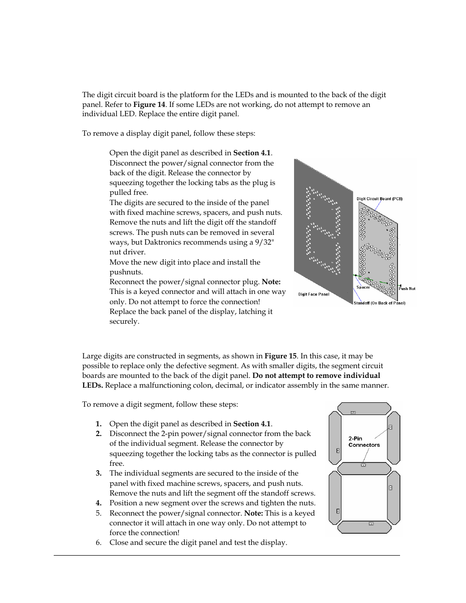Instructions for replacing parts, Replacing a digit panel, Replacing a digit segment | Figure 15: digit assembly, Figure 16: digit segments, 2 instructions for replacing parts | Daktronics DF-2100 User Manual | Page 28 / 74