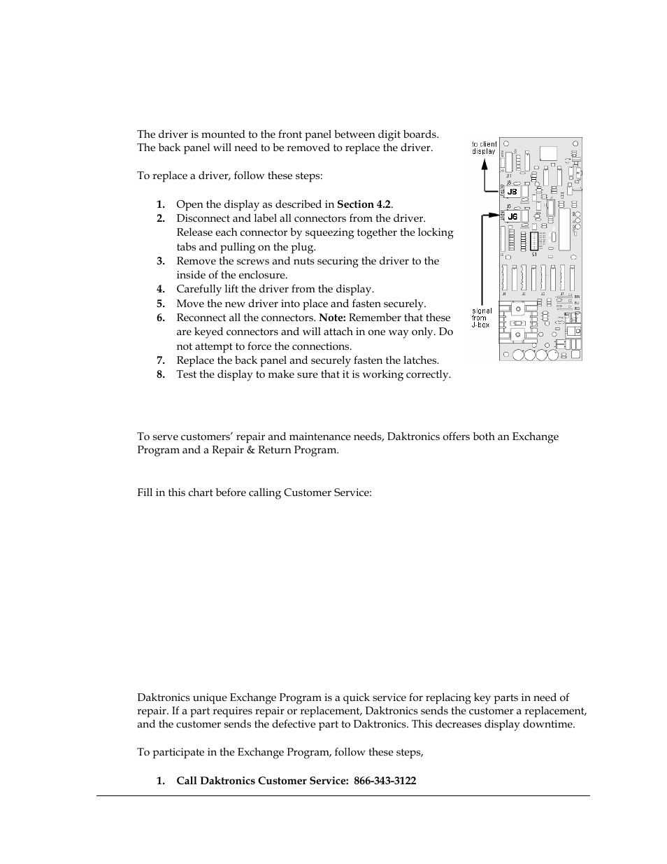 Replacing a driver, Daktronics exchange and repair & return programs, Exchange program | Figure 16: driver, 3 daktronics exchange and repair & return programs | Daktronics DF-2100 User Manual | Page 29 / 74