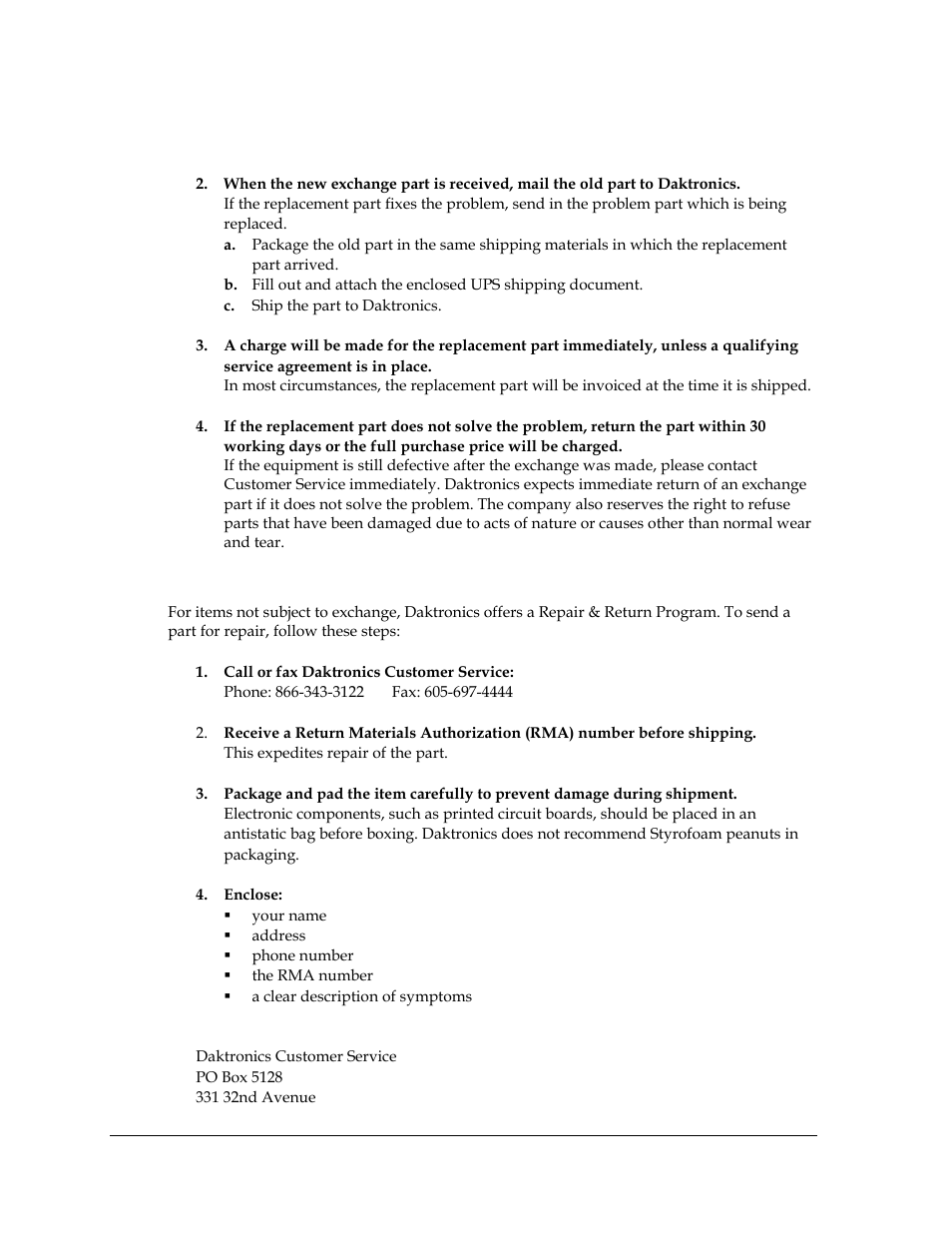 Repair & return program | Daktronics DF-2100 User Manual | Page 30 / 74