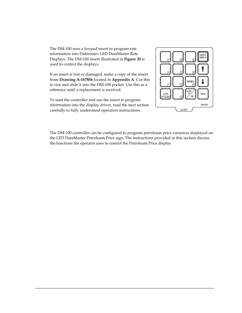 Datamaster insert and code, Petroleum price display operation, Figure 20: dm-100 insert | 3 datamaster insert and code, 4 petroleum price display operation | Daktronics DF-2100 User Manual | Page 33 / 74