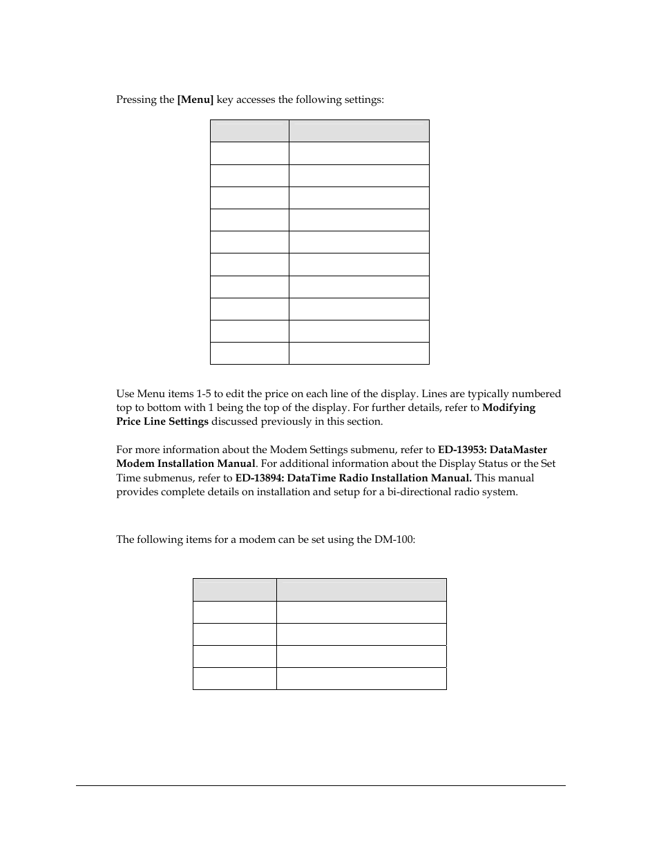Menu items, Modem settings | Daktronics DF-2100 User Manual | Page 36 / 74