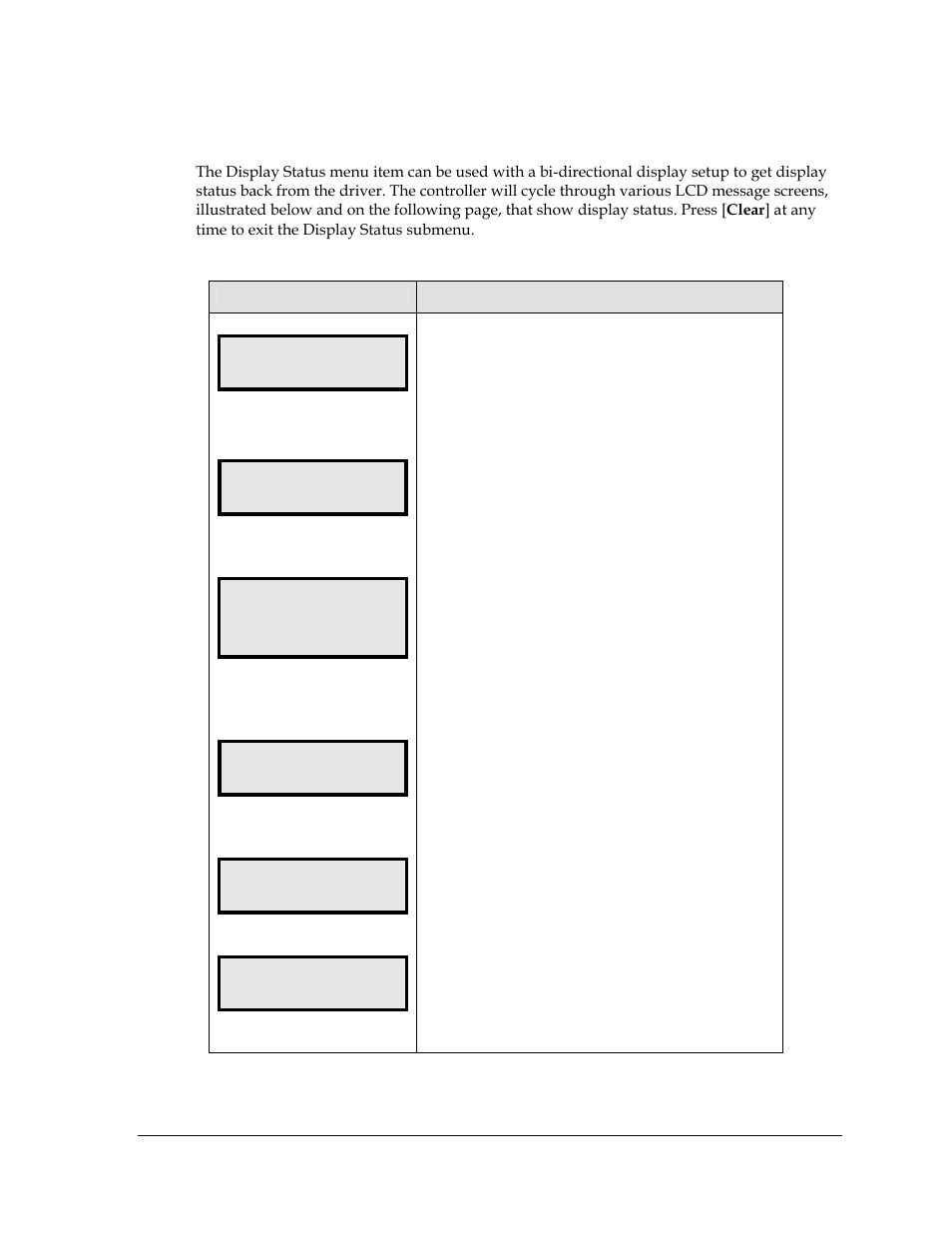 Display status, Display status get status, Driver firmware version x.x | Current day/time mm/dd/yy hh:mm, Last reset time mm/dd/yy hh:mm, Current temp xx ºf, Temp sensor offset xx ºc | Daktronics DF-2100 User Manual | Page 37 / 74