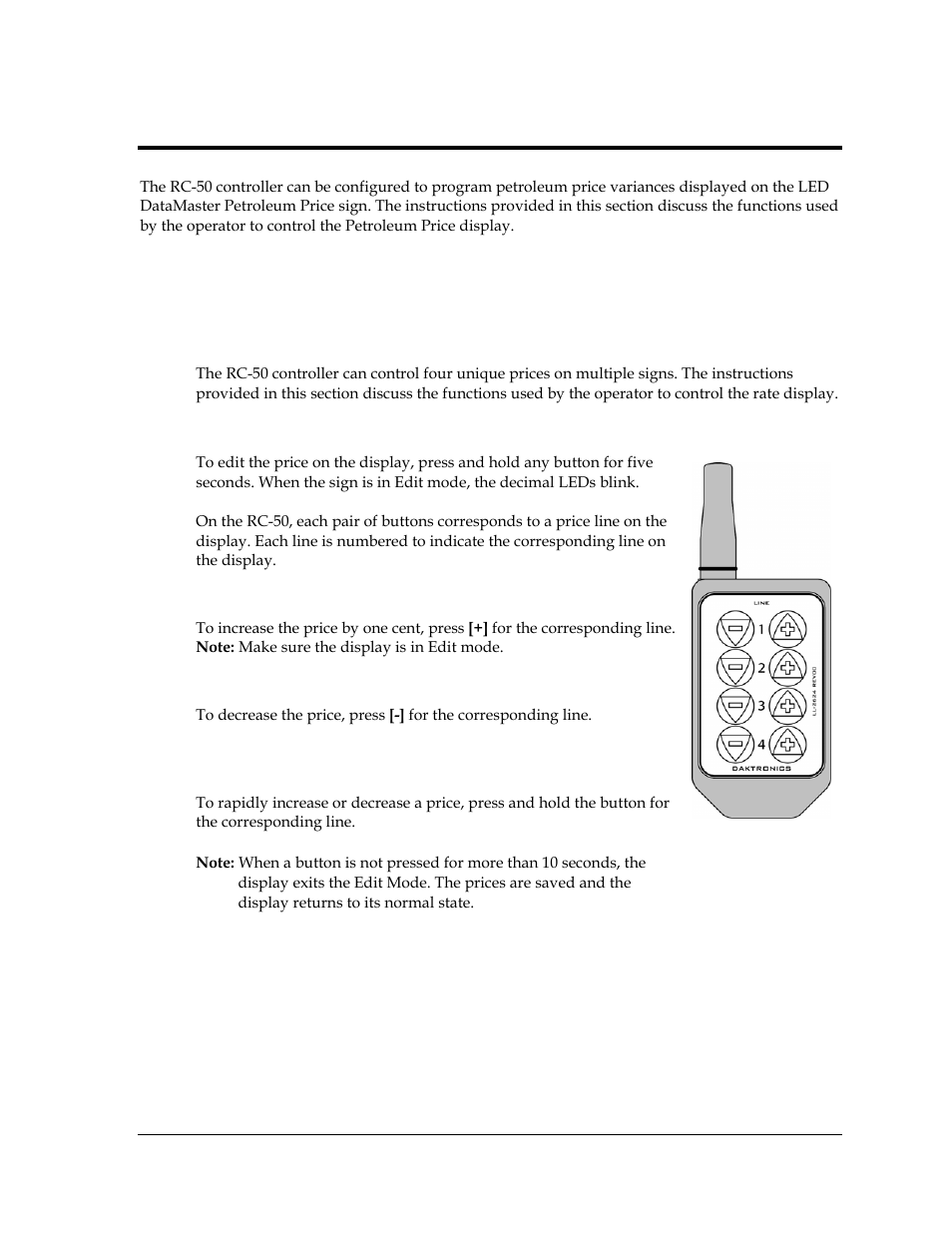 Rc-50 controller, Rc-50 operation, Editing the display | Increasing the price, Decreasing the price, Turbo mode, Section 7, Figure 21: rc-50 controller, 1 rc-50 operation | Daktronics DF-2100 User Manual | Page 41 / 74