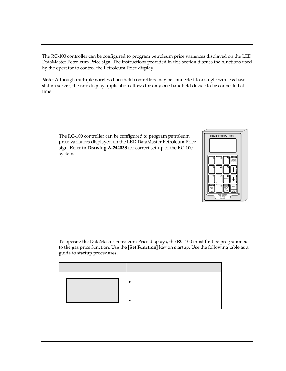 Rc-100 controller, Petroleum price display operation, Petroleum price display startup | Section 8, Figure 22: rc-100 controller, 1 petroleum price display operation, Current function gas price | Daktronics DF-2100 User Manual | Page 43 / 74