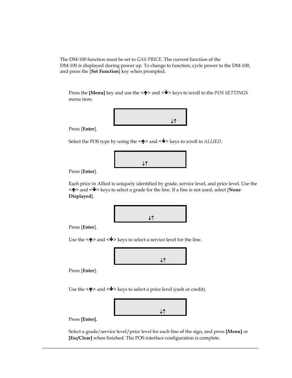 Configuring the dm-100 for allied interface, Preparation, Configuration | 3 configuring the dm-100 for allied interface, Pos settings ent to modify, Pos interface allied, Grade on line 1 grade 1, Service line 1 self serve, Price line 1 cash price | Daktronics DF-2100 User Manual | Page 51 / 74