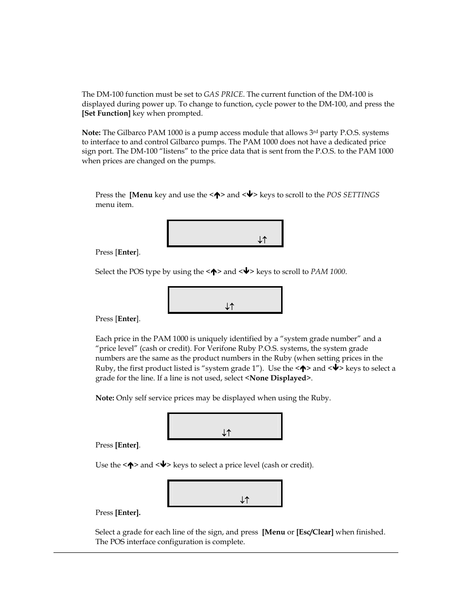 Configuring the dm-100 for pam 1000 interface, Preparation, Configuration | Pos settings ent to modify, Pos interface pam 1000, Grade on line 1 grade 1, Price line 1 cash price | Daktronics DF-2100 User Manual | Page 52 / 74