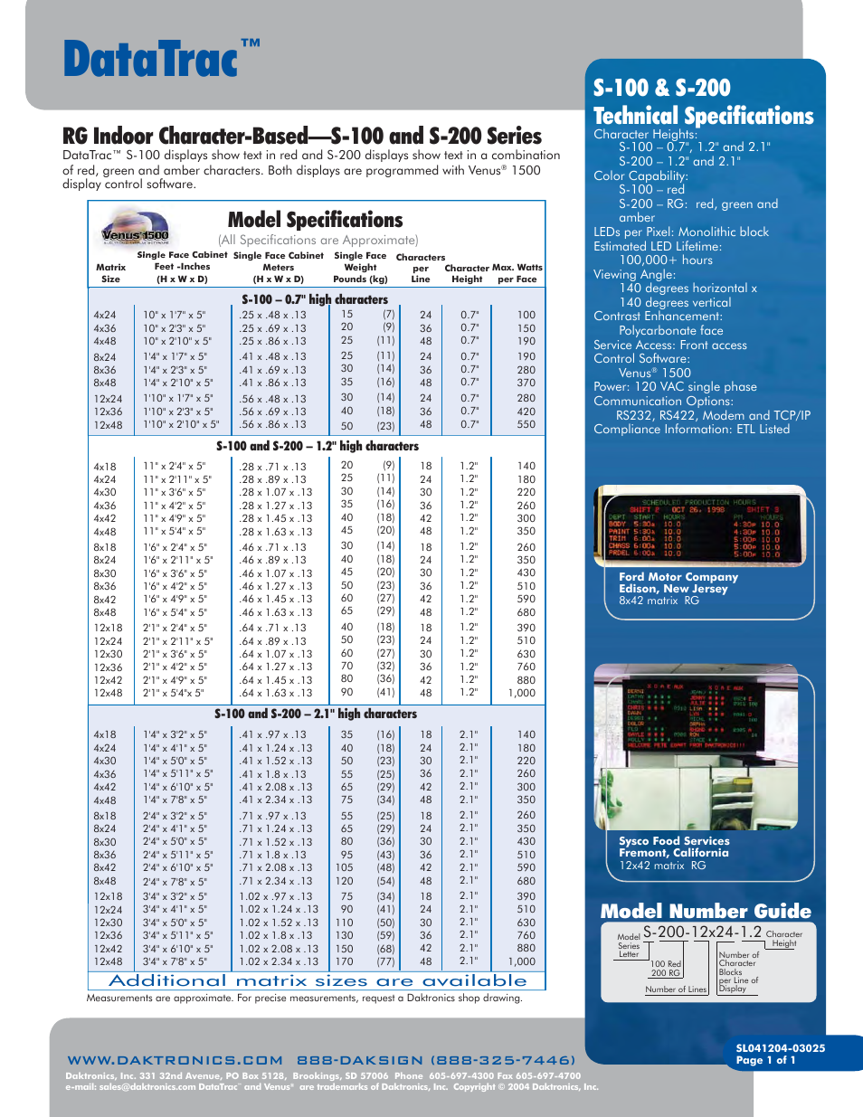 Datatrac, Model specifications, Model number guide | Additional matrix sizes are avail able | Daktronics S-100/S-200 User Manual | Page 15 / 71