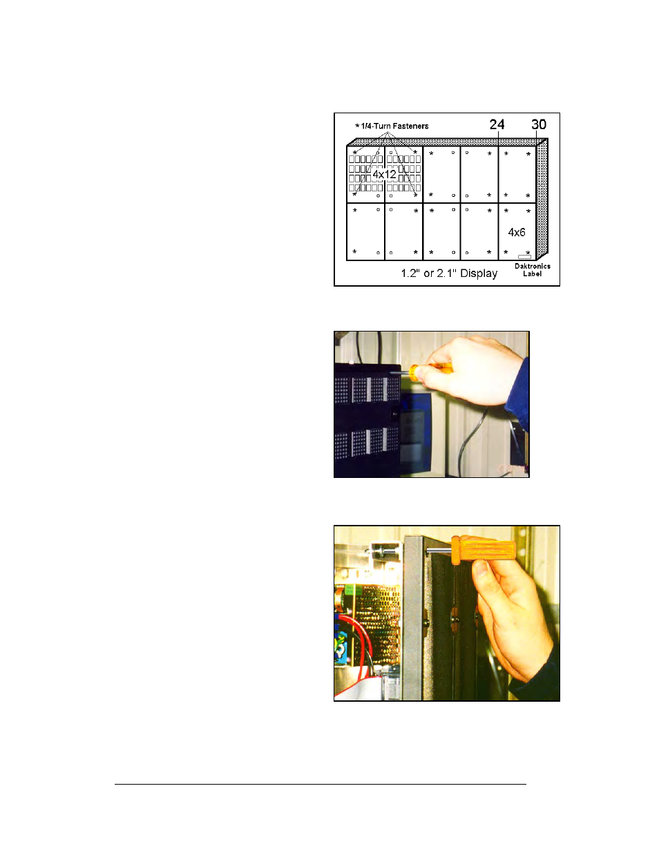 Accessing the interior of the display, Accessing the interior of the display -2, Figure 9: screw locations -2 | Figure 11: module panel removal -2, 1 accessing the interior of the display | Daktronics CE-1010 User Manual | Page 20 / 68