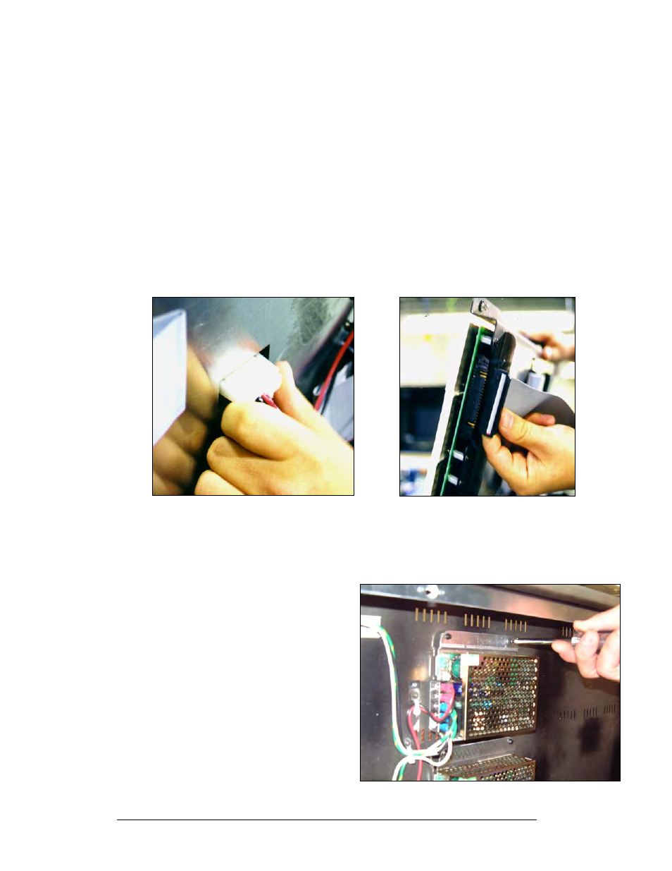 Led module replacement, Power supply replacement, Led module replacement -4 | Power supply replacement -4, Figure 30: disconnecting power from led module -4, Figure 31: led module ribbon cable removal -4, Figure 32: loosening power supply screws -4 | Daktronics AE-3010-7.6-R,G,A User Manual | Page 34 / 79