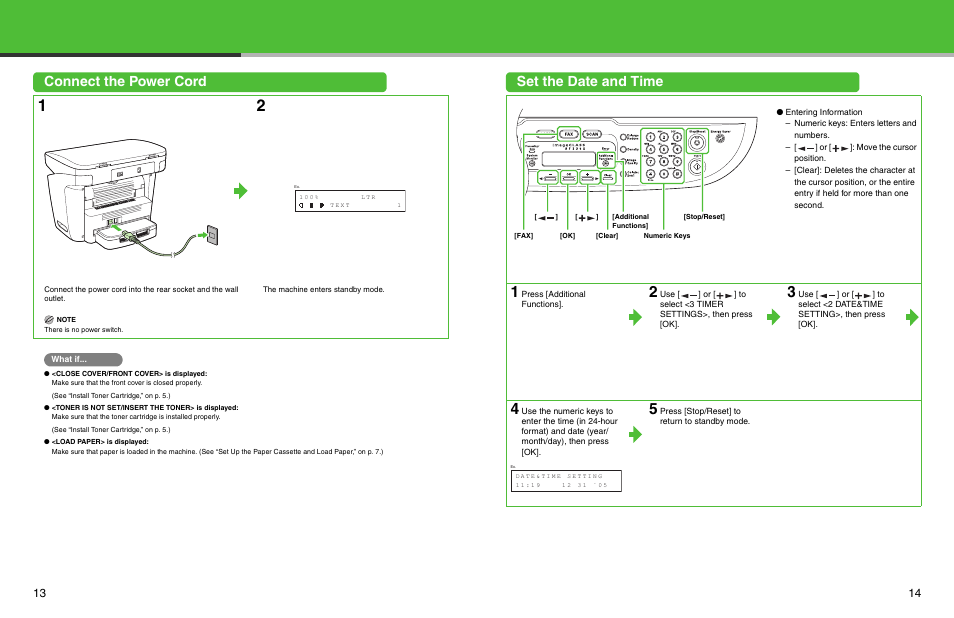 Connect the power cord, Set the date and time, Connect the power cord set the date and time | Canon ImageCLASS MF3240 User Manual | Page 8 / 15