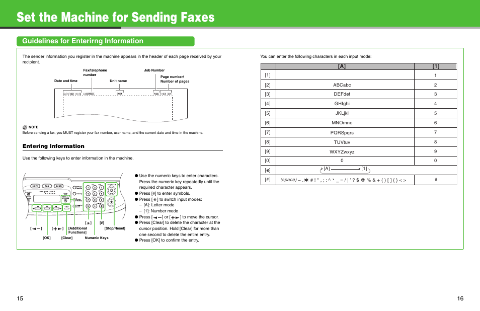 Set the machine for sending faxes, Guidelines for enterirng information, Entering information | 1] [a | Canon ImageCLASS MF3240 User Manual | Page 9 / 15