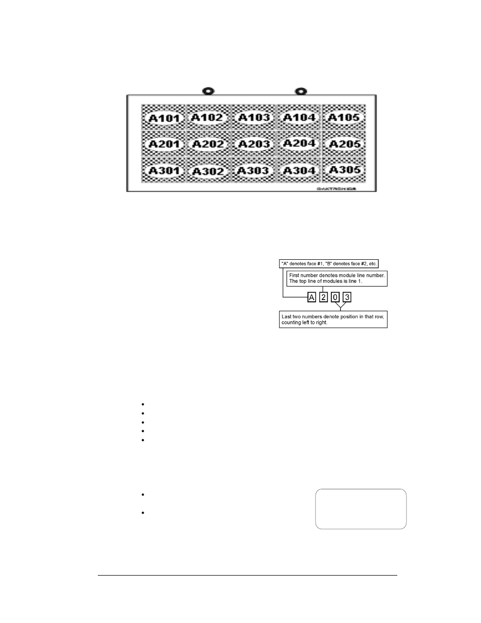 Daktronics nomenclature, Daktronics nomenclature -7, Figure 5: numbering example - 24x80 front | Figure 6: module numbering, Figure 7: typical label, 6 daktronics nomenclature | Daktronics AF-3112-34-R,A User Manual | Page 13 / 67