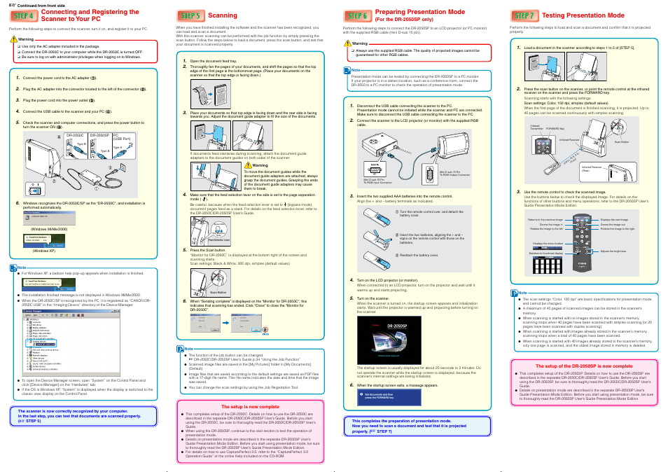 Connecting and registering the scanner to your pc, Scanning, Preparing presentation mode | Testing presentation mode | Canon DR-2050C/SP User Manual | Page 2 / 2